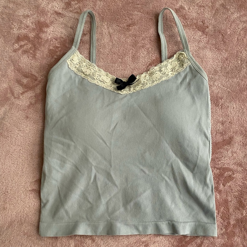 NWOT Shein XS Grey Tank Top with Beige Lace Trim & Black Bow (built in padding)